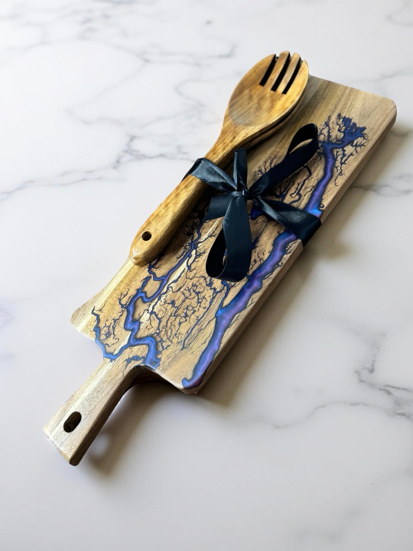 Rectangle cheese board purple resin swirl with teak utensils, Australian timber, grazing platter
