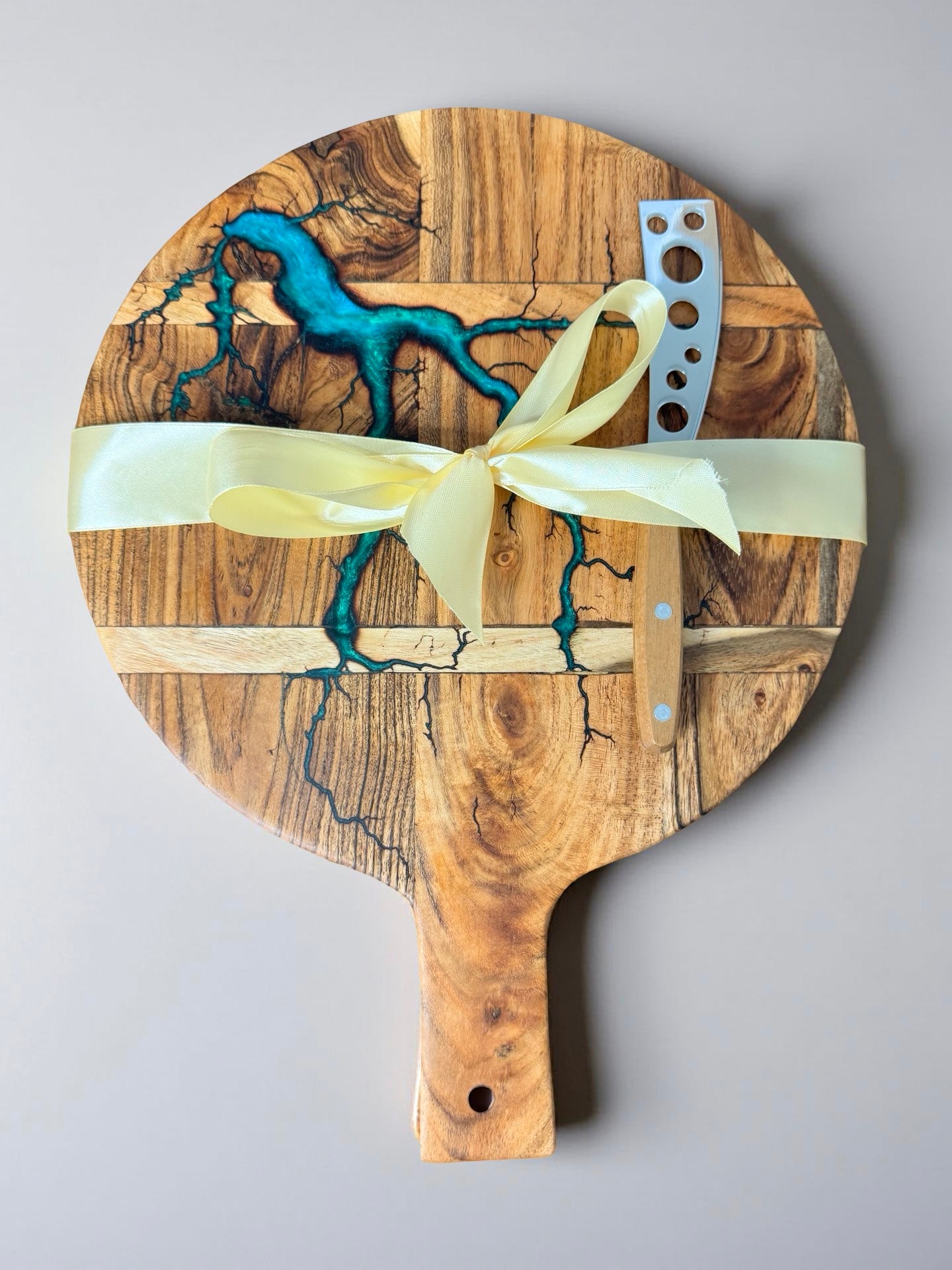 Acacia round cheese board resin and fractal burning design with gourmet cheese knife Australian made