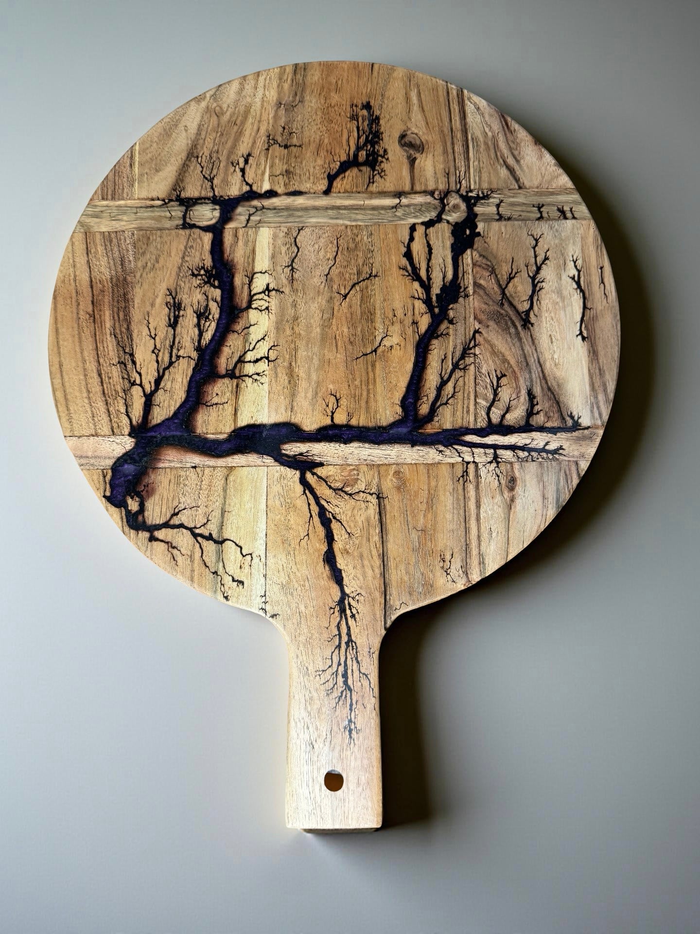 Purple resin round cheese paddle acacia board resin boards Australia unique fractal burn pattern