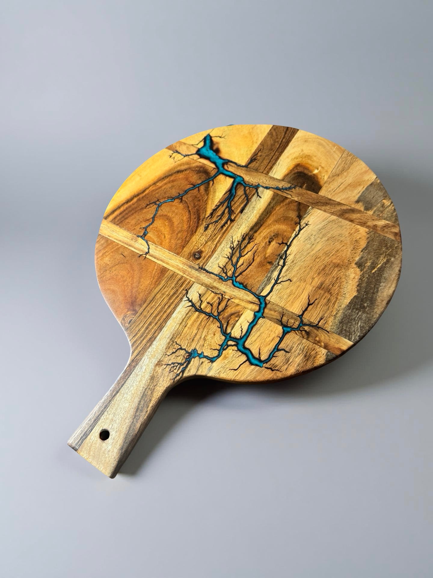 Lagoon blue resin round acacia cheese paddle electric fractal art resin boards australia east gippsland