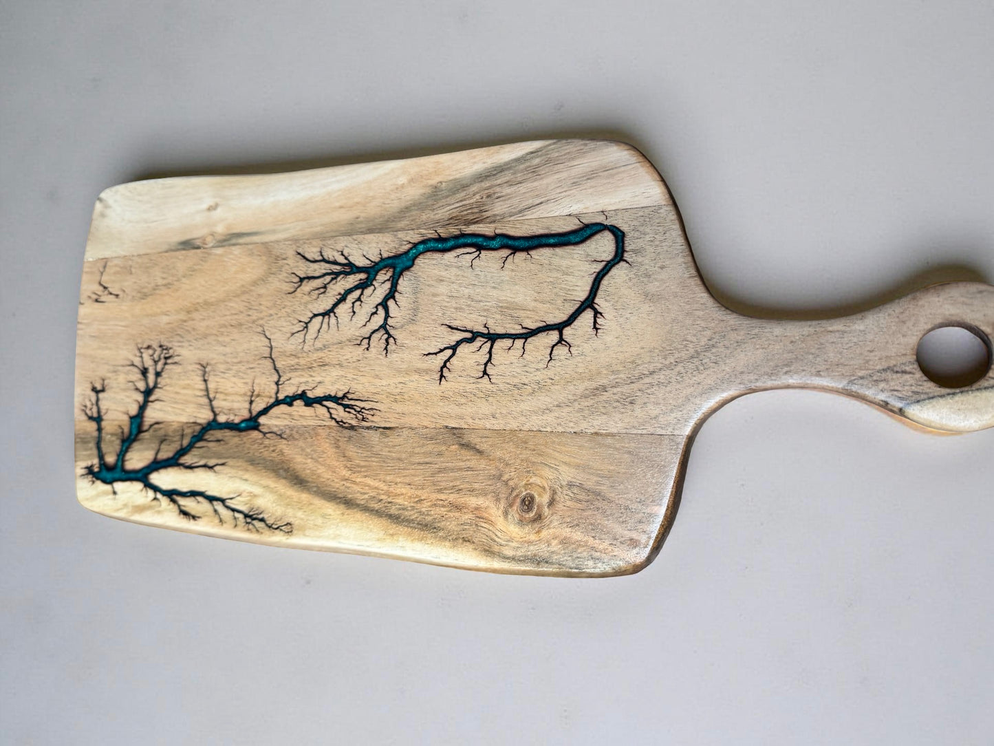 Green resin cheese board acacia rectangle paddle resin boards Australia artisanal fractal design