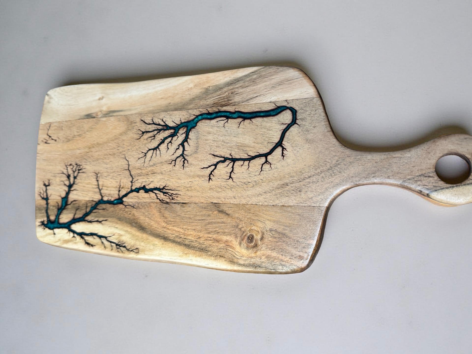 Green resin cheese board acacia rectangle paddle resin boards Australia artisanal fractal design