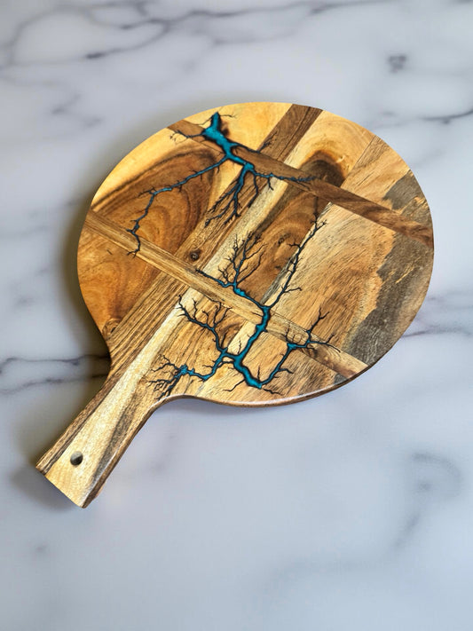 Lagoon blue electric resin art cheese board acacia timber fractal pattern resin boards australia