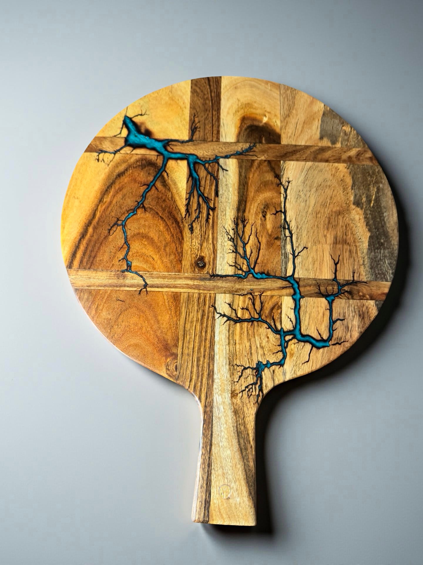 Round acacia cheese paddle lagoon blue resin swirl luxury grazing board east gippsland