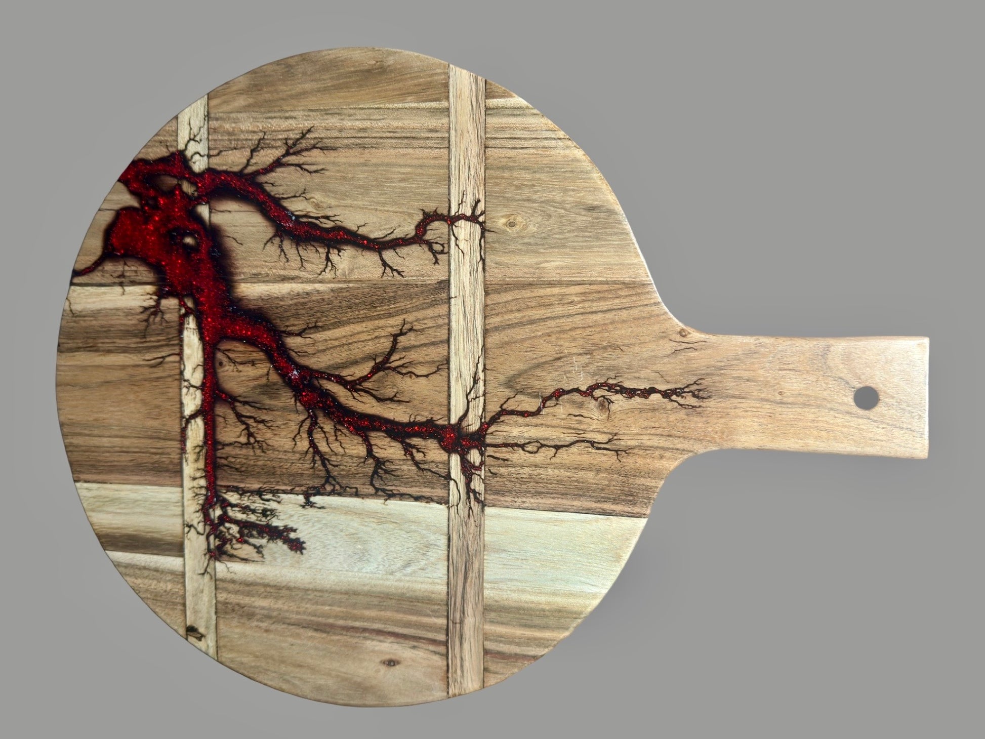 Red flash resin cheese board handcrafted by Fractal Flow Designs East Gippsland Australia