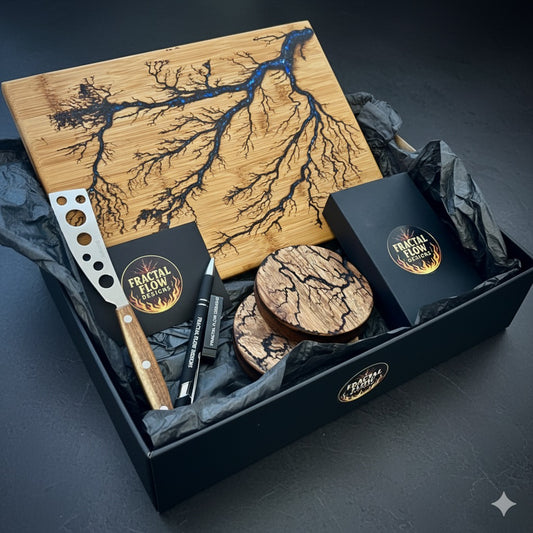 Luxury Cheese Lovers Gift Box handmade by Fractal Flow Designs in Bairnsdale, Australia. Includes resin board, cheese knife, timber coasters, and board care kit. Ships Australia-wide, ideal for housewarming gifts, weddings, and special occasions.