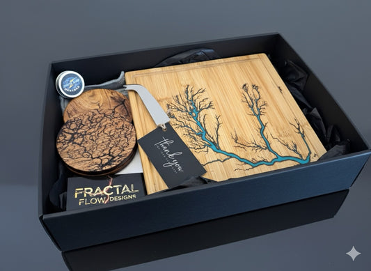 Cheese Lovers Gift Box with handcrafted resin cheese board, forged cheese knife, coasters, and premium care kit. Designed by Fractal Flow Designs in Victoria, this Australian-made hamper is a standout gift for birthdays, housewarmings, or corporate events.