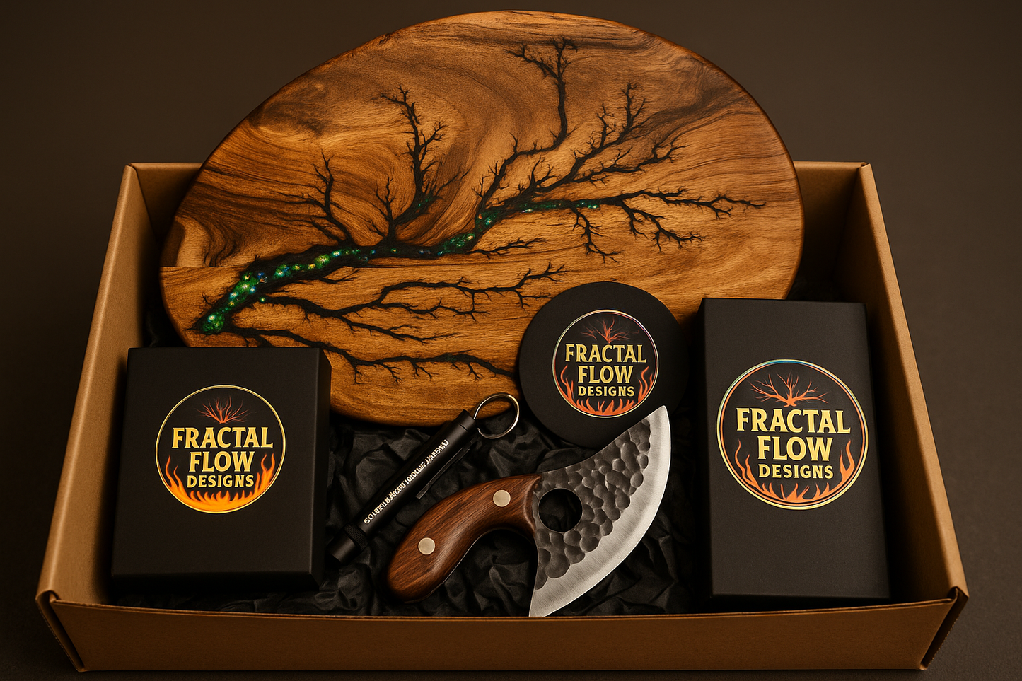 Fractal Flow Designs Cheese Lovers Gift Box featuring an Australian resin cheese board, premium forged knife, fractal burnt acacia coasters, and care kit. Handcrafted in Bairnsdale, Victoria – a perfect gift for weddings, birthdays, or anniversaries.