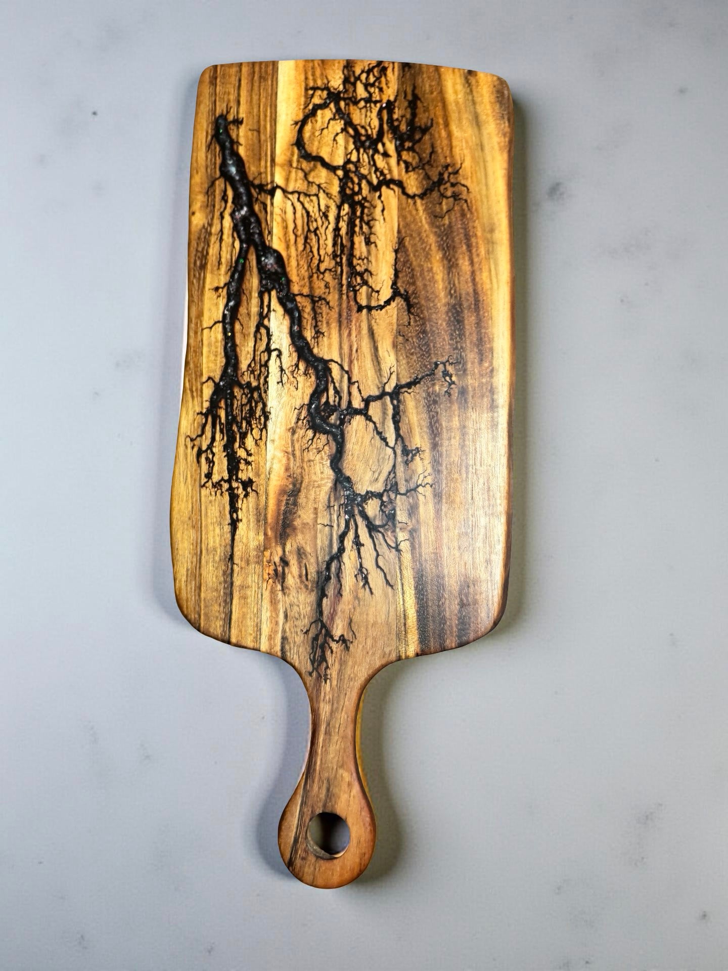 Sparkle resin rectangle cheese board luxury serving paddle with fractal burn detail east gippsland