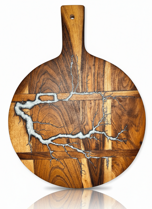 Australian Resin Boards round resin cheese board – handcrafted in East Gippsland, Victoria by Fractal Flow Designs, artisan timber platter with bold resin inlay, perfect for cheese spreads, grazing platters, and luxury entertaining across Australia.