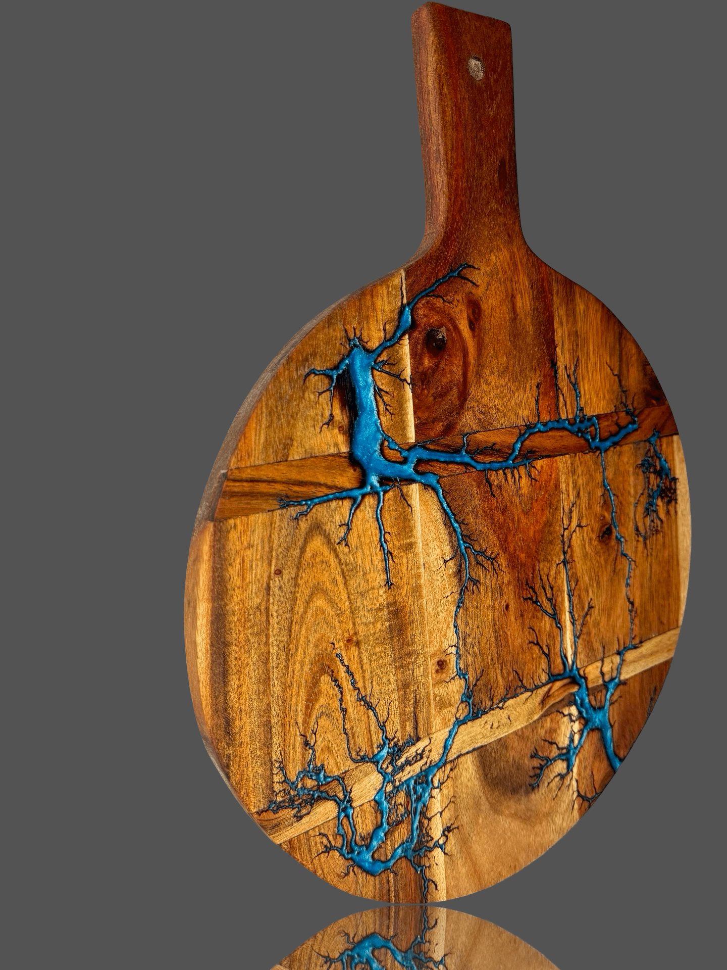 Unique resin cheese paddle board handmade from Australian timber – round serving platter with fractal burning, designed in Bairnsdale VIC for cheese, charcuterie, grazing, gifting, and premium entertaining.