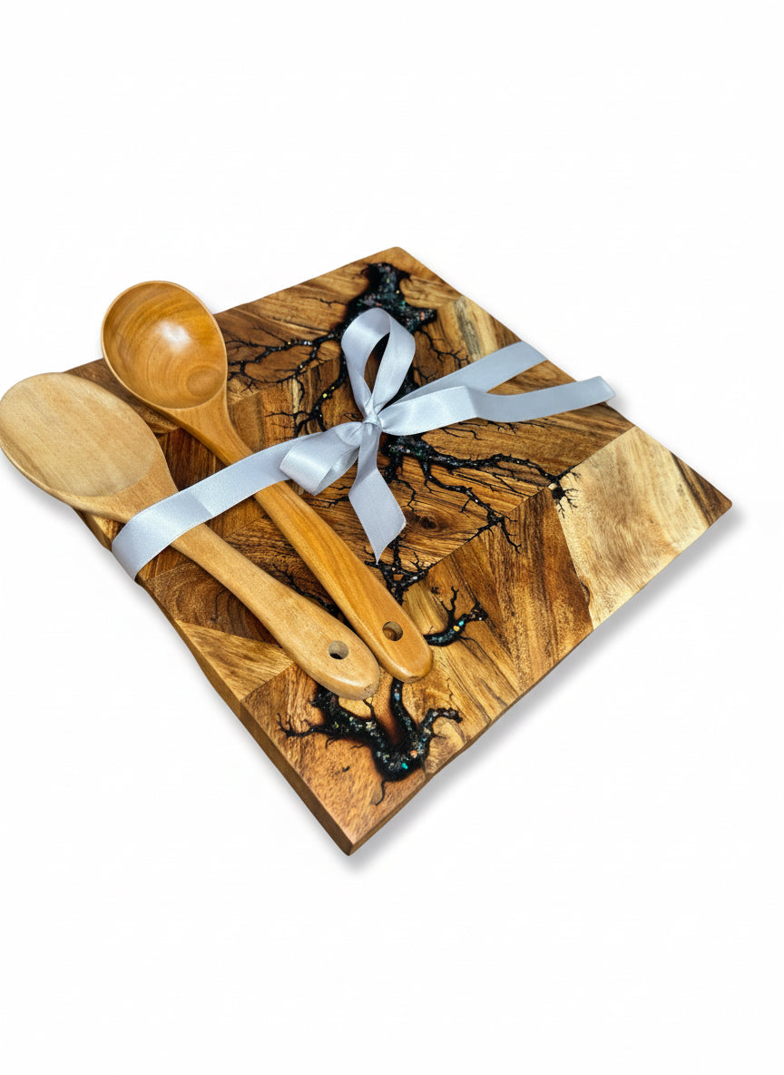 Premium square chopping board set 320 x 320 with timber utensils and silver ribbon gift finish East Gippsland