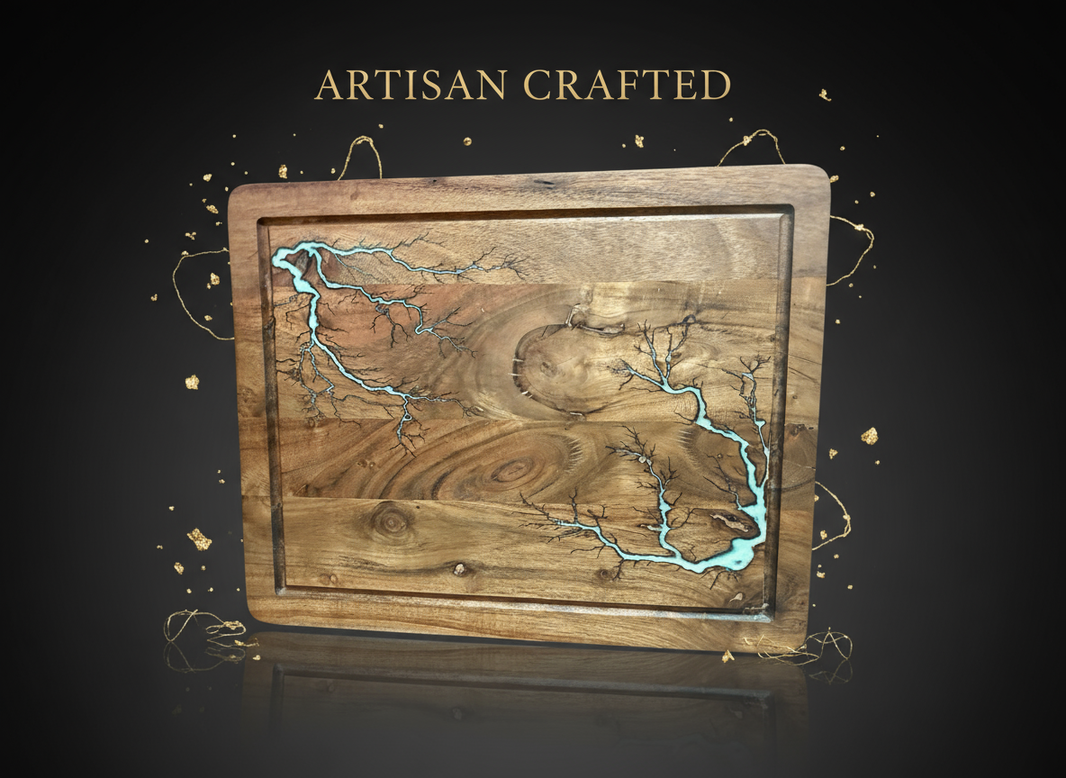 Fractal Flow Designs premium resin chopping board, artisan-crafted from Australian hardwood. Large Australian resin boards perfect for charcuterie and gourmet spreads.