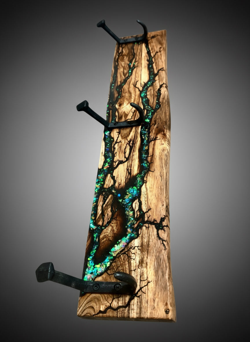 Handcrafted wooden coat rack with resin accents made in East Gippsland by Fractal Flow Designs ideal for modern Australian homes and boutique interiors