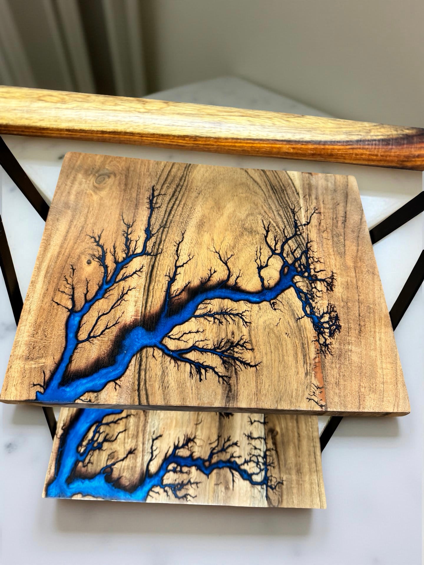 Sapphire blue resin art cake stand handcrafted timber dessert platter Fractal Flow Designs