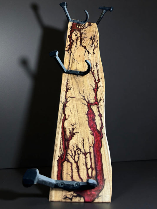 Red resin timber coat rack with bold electric finish, artisan made in Victoria