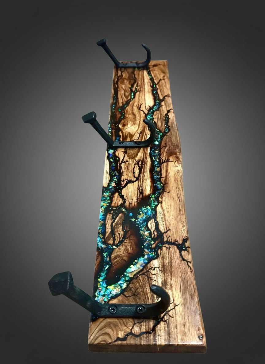Wall mounted resin art coat rack handcrafted in East Gippsland Australian hardwood by Fractal Flow Designs combining art and functionality
