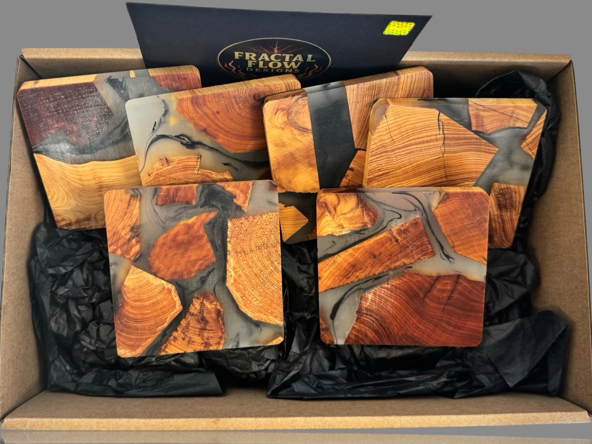 Handcrafted resin coasters by Fractal Flow Designs – artisan timber and resin drink coasters made in East Gippsland, Victoria, Australia.