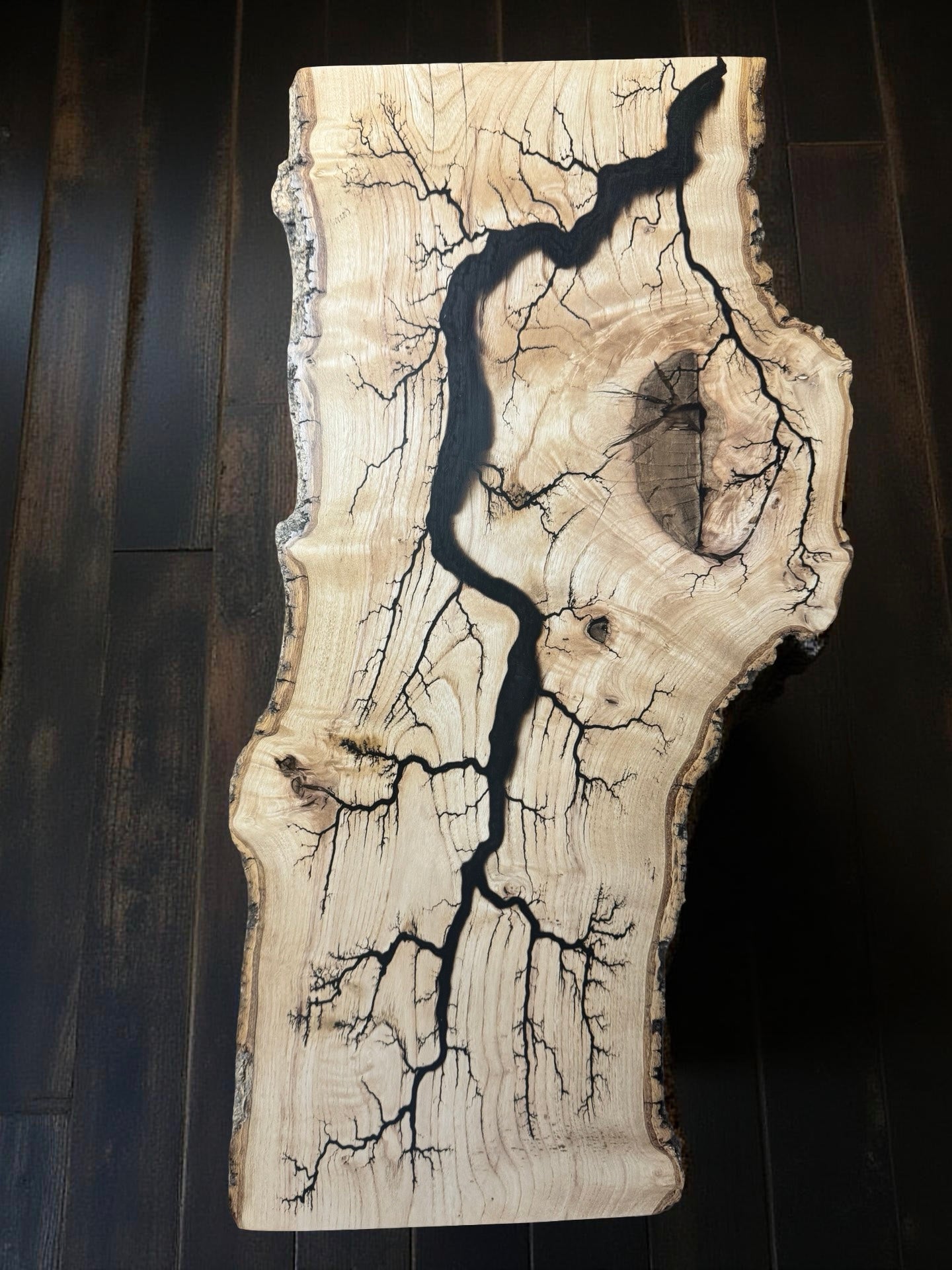 English oak live edge slab with black resin inlay, fractal burn lightning art, handcrafted resin board Australia