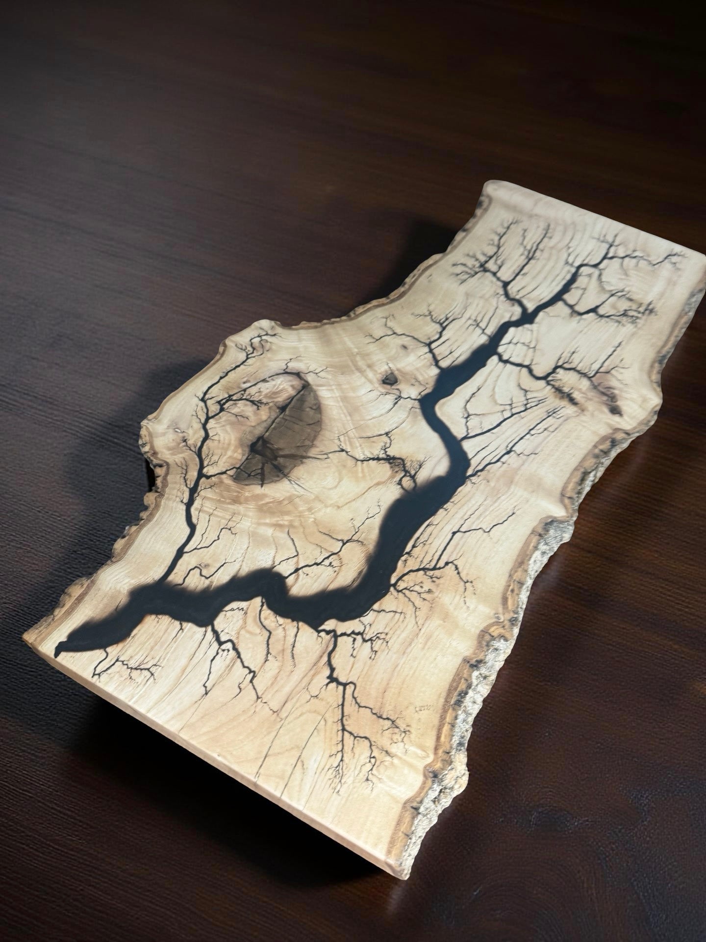 Fractal burned English oak live edge slab with black resin inlay, luxury electric resin board Australia