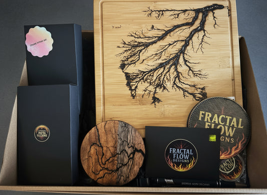 Premium Cheese Lovers Gift Box handmade by Fractal Flow Designs with Australian resin board, forged knife, coasters, opener, and care kit, ships Australia-wide.