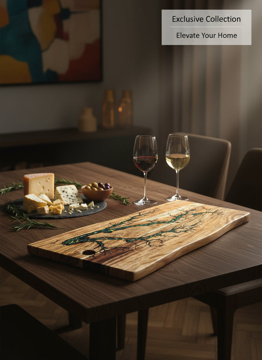 Premium handmade live edge serving board with resin detail, rustic Australian grazing platter ideal for entertaining, home decor, or gourmet kitchen gifts