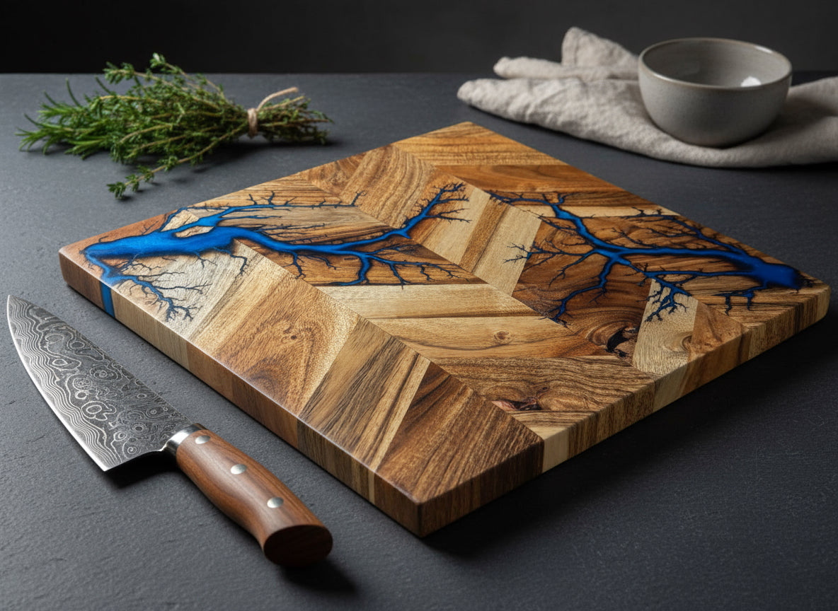 Resin and acacia wood cutting board crafted in East Gippsland, Australia. Premium design from Fractal Flow Designs blending natural grain with resin artistry for stylish kitchen decor.