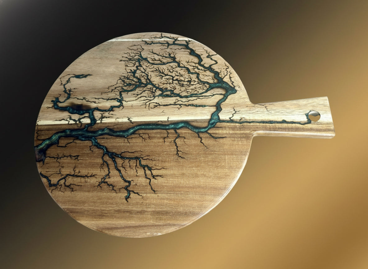 Australian made resin cheese board with unique fractal burning artwork design