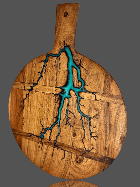 Handcrafted round resin cheese paddle with grazing selection – premium Australian timber serving board, styled for wine night, special celebrations, and luxury gift giving, made in Bairnsdale Victoria.