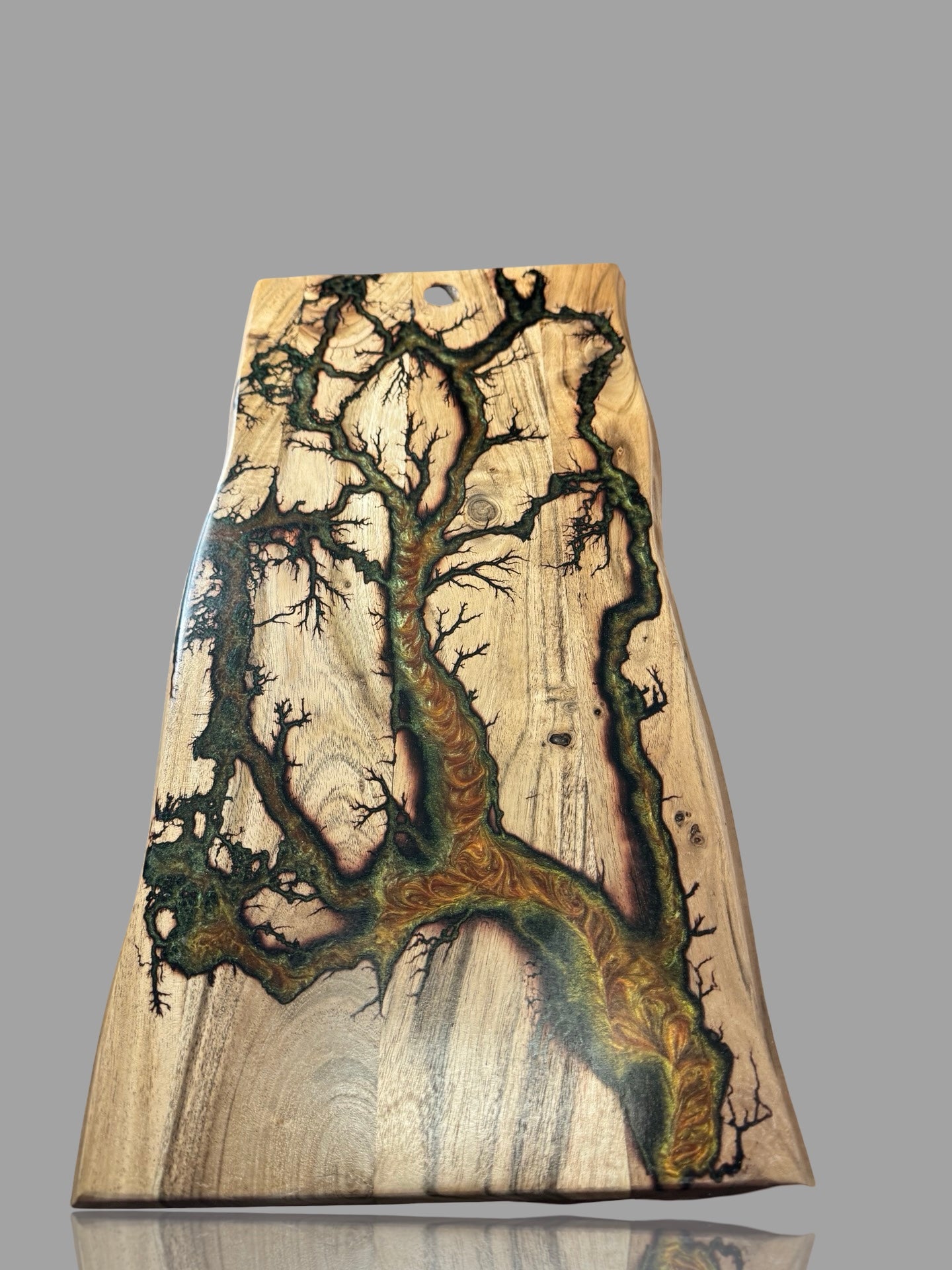 Fractal burnt resin platter handcrafted in East Gippsland by Fractal Flow Designs featuring gold resin highlights food safe finish and sustainable Australian timber perfect for entertaining or gifting