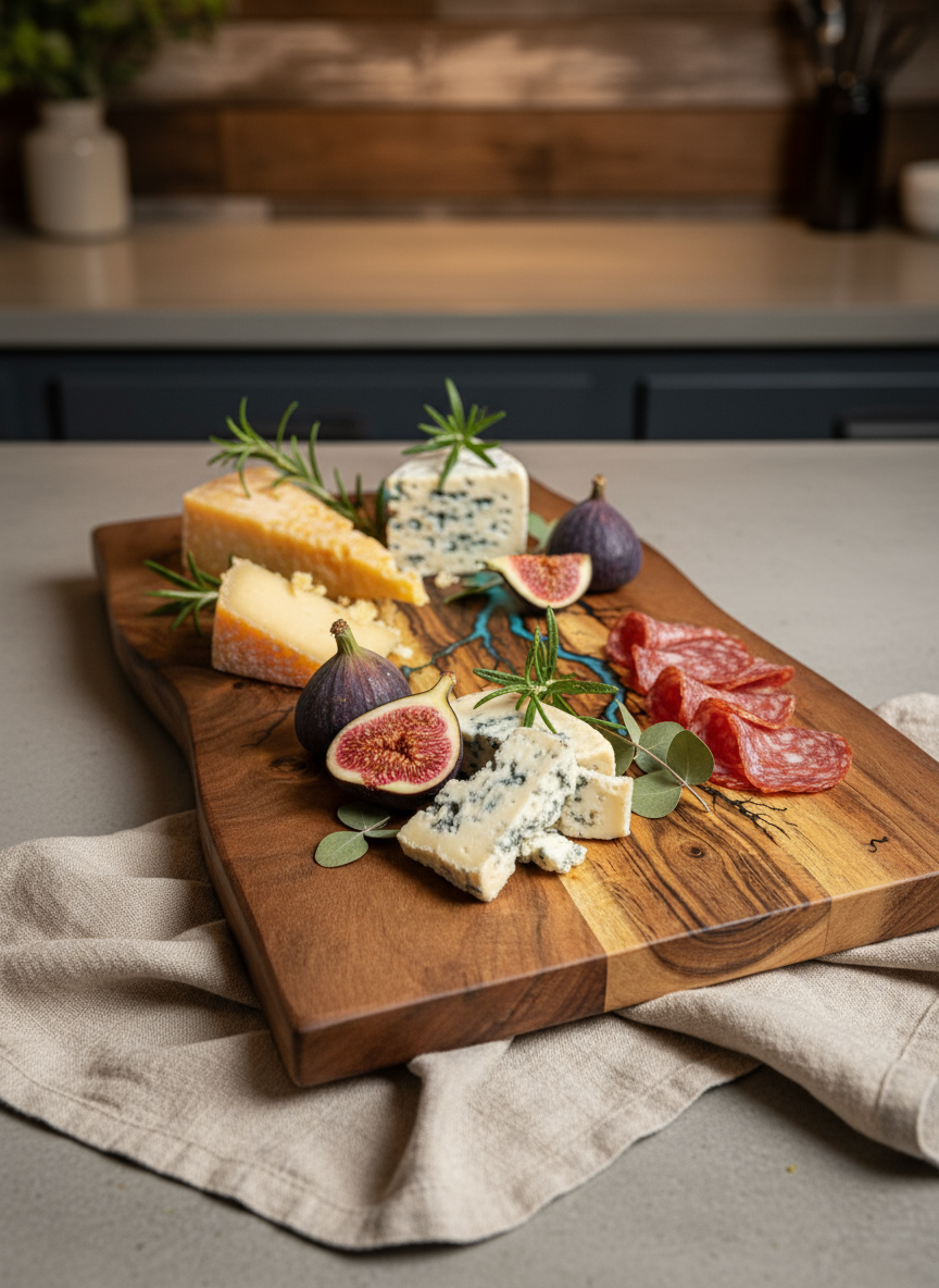 Live edge resin serving board handcrafted by Fractal Flow Designs in Bairnsdale, Victoria – Australian-made timber charcuterie and grazing platter - artisan gift