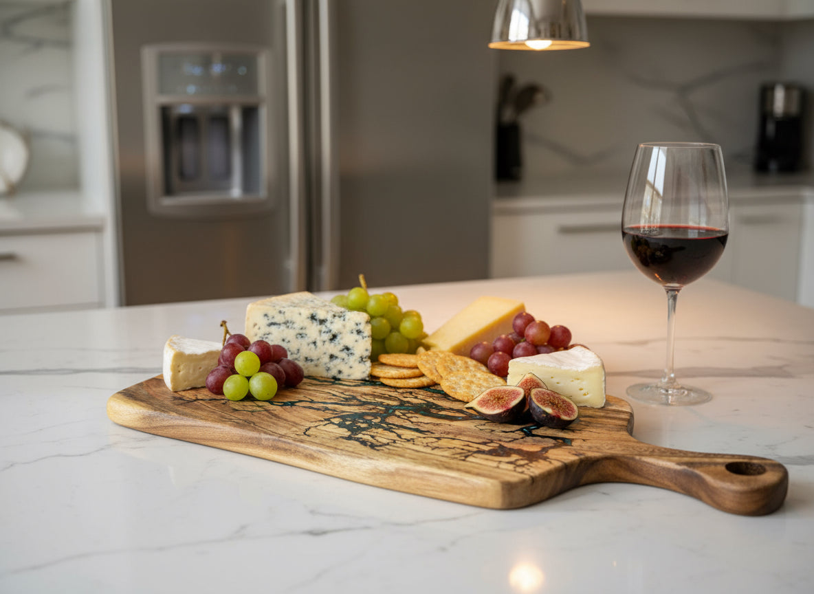 Resin art cheese board paddle – stylish timber serving board Victoria