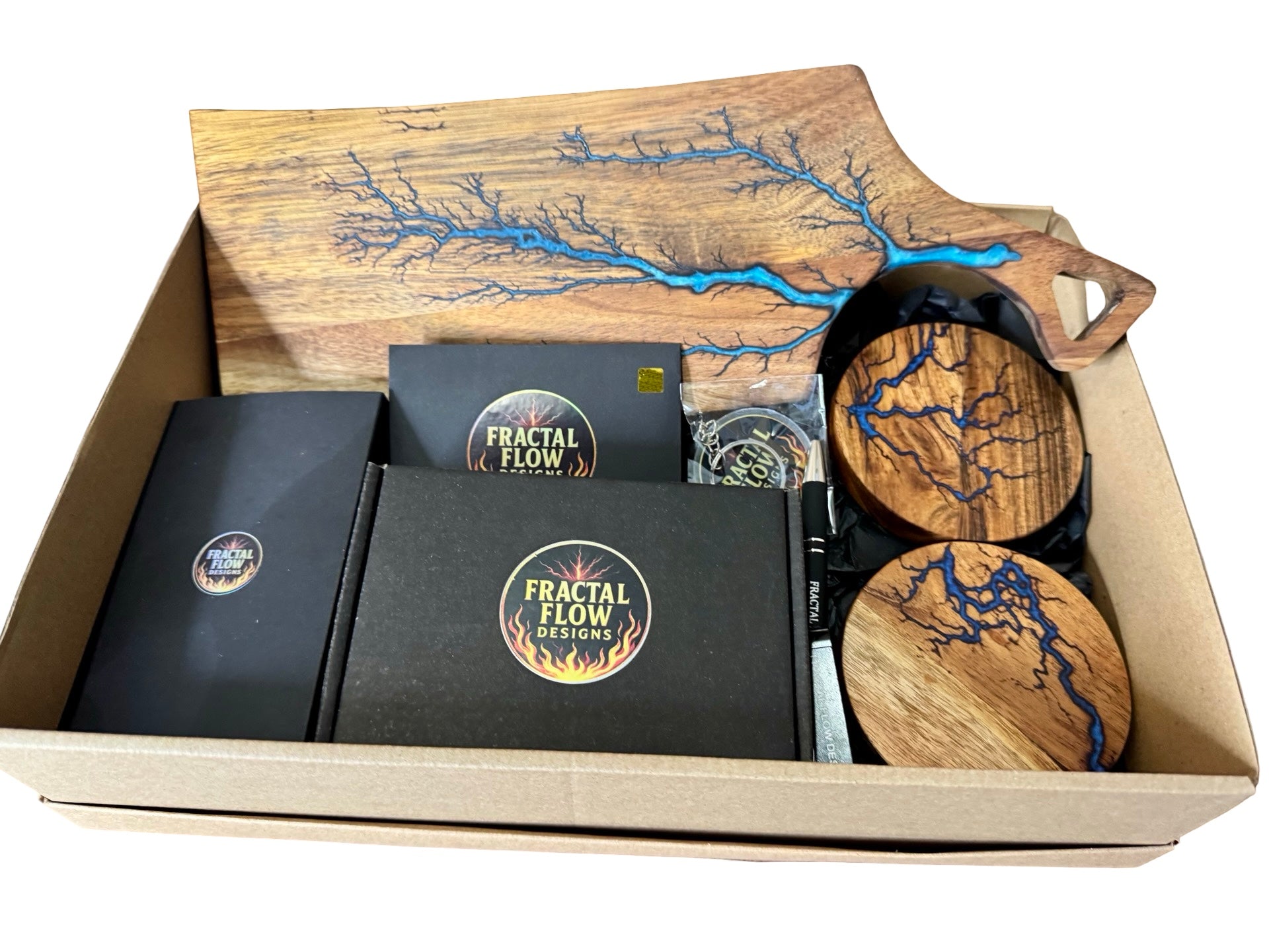 Fractal burnt blue resin cheese board and knife set gift box by Fractal Flow Designs