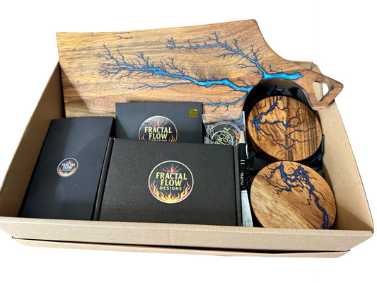 Fractal burnt blue resin cheese board and knife set gift box by Fractal Flow Designs