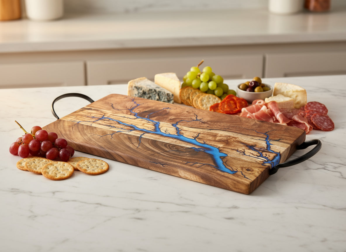 Fractal Flow Designs resin serving board handmade in Victoria, Australia for gourmet entertaining
