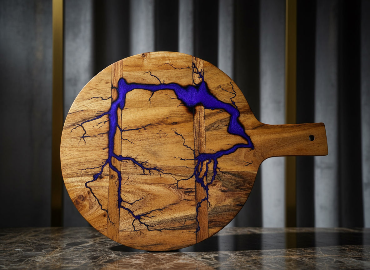 Artistic round cheese serving platter with bold resin inlay, made in Victoria by local artisans