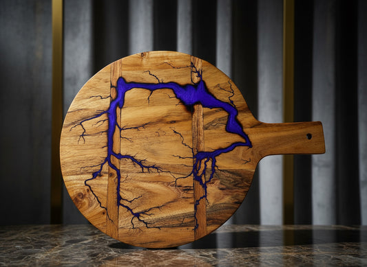 Artistic round cheese serving platter with bold resin inlay, made in Victoria by local artisans