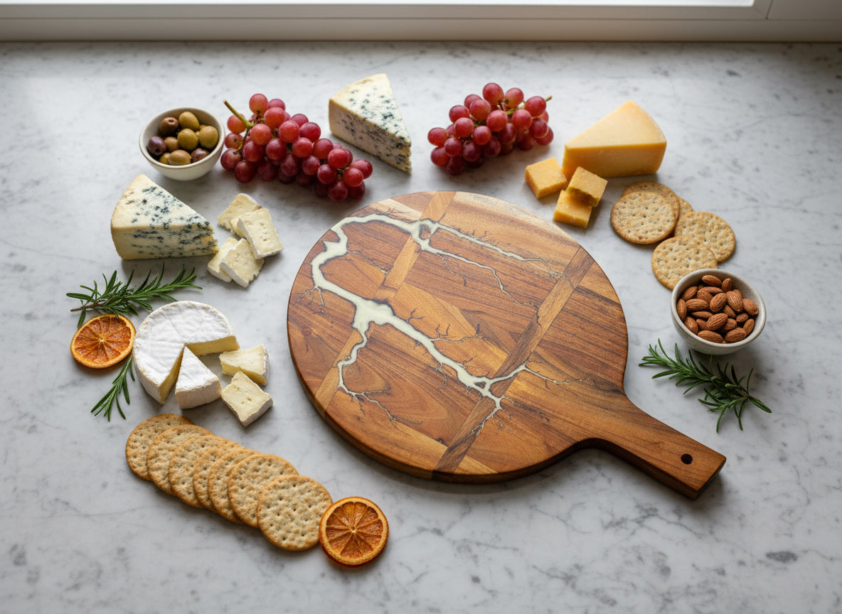 Fractal Flow Designs luxury round cheese board, perfect grazing platter and entertaining essential