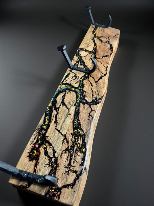 Holographic resin coat rack with lightning style grain, handcrafted Australian timber