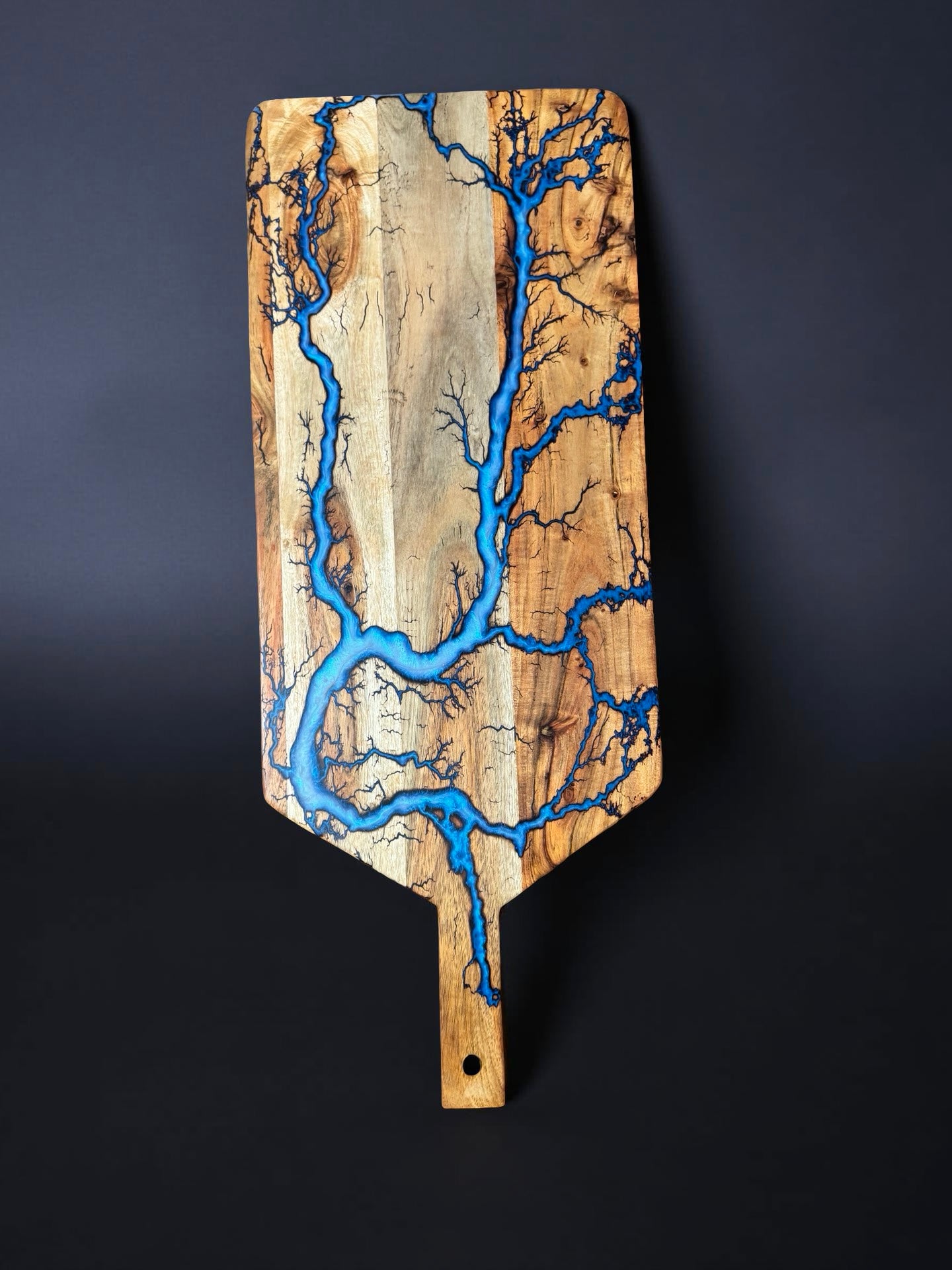 Premium iridescent blue paddle board 740 x 300mm fractal burning artwork Australian resin board brand