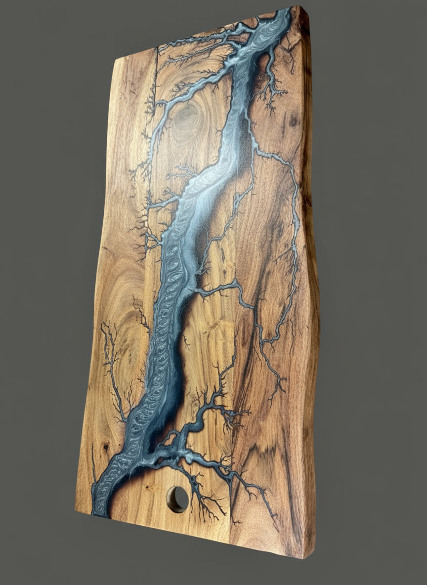 Resin art board featuring fractal burning detail crafted by Fractal Flow Designs Resin Boards Australia