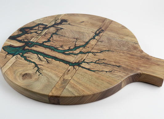 Premium resin cheese platter featuring fractal burnt timber craftsmanship