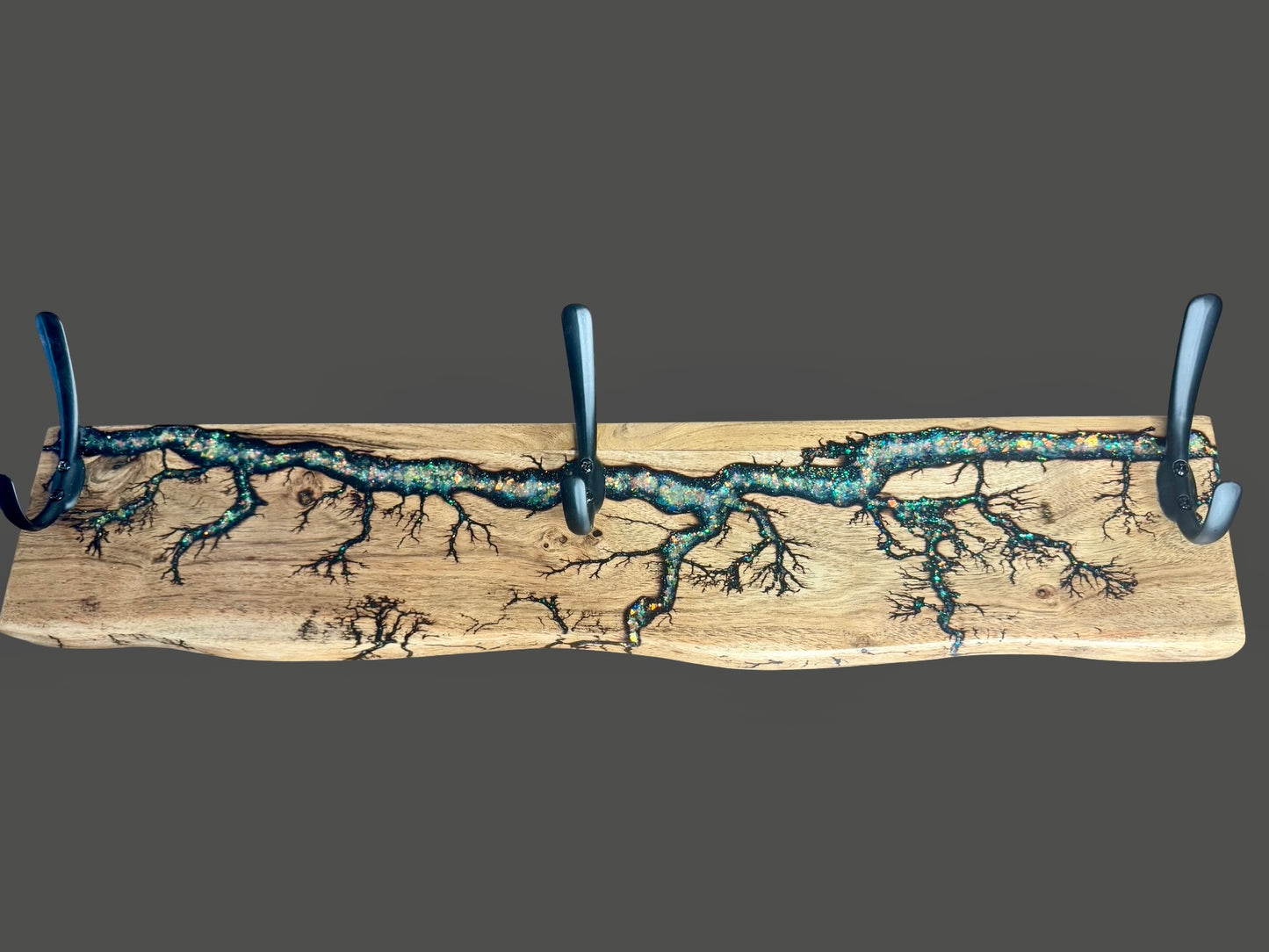 Handcrafted timber coat rack with resin artwork by Fractal Flow Designs East Gippsland Australian made home decor piece