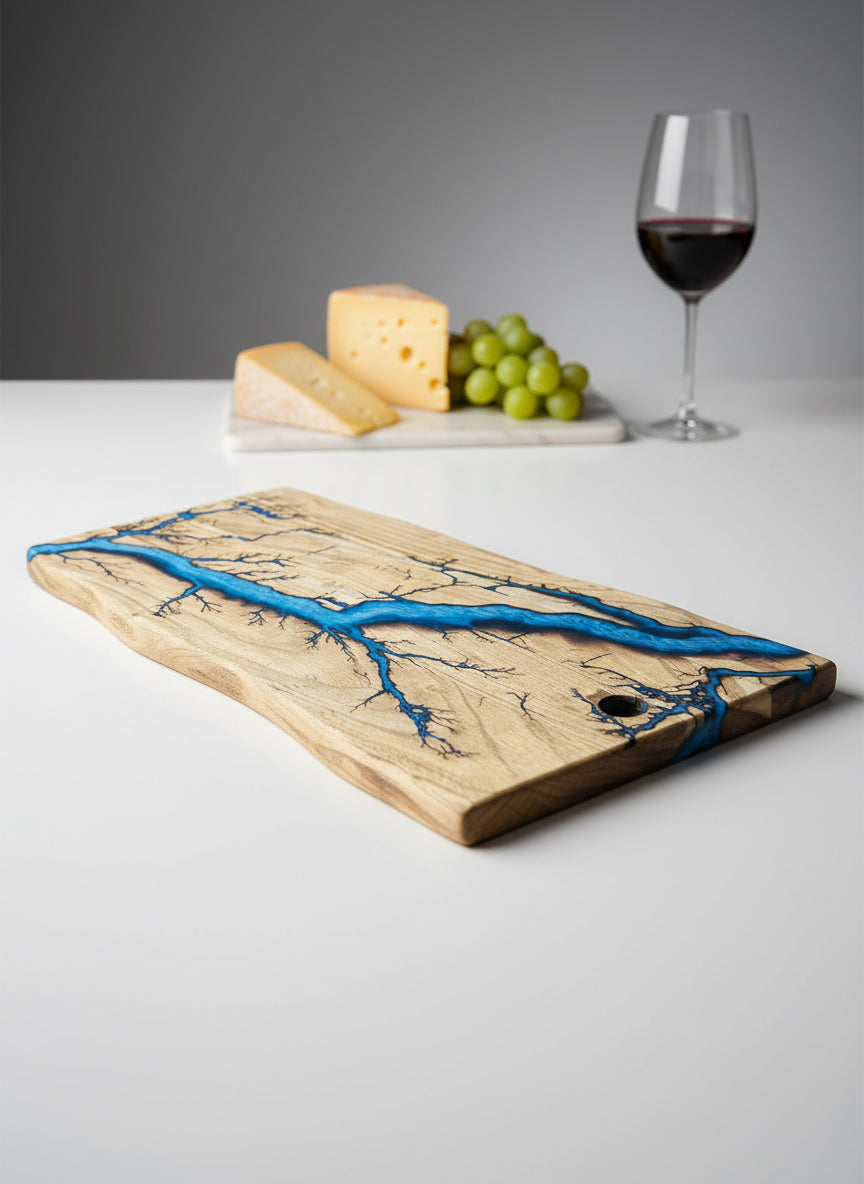 Lifestyle scene resin board on dining table Australian timber and resin art Fractal Flow Designs Resin Boards Australia