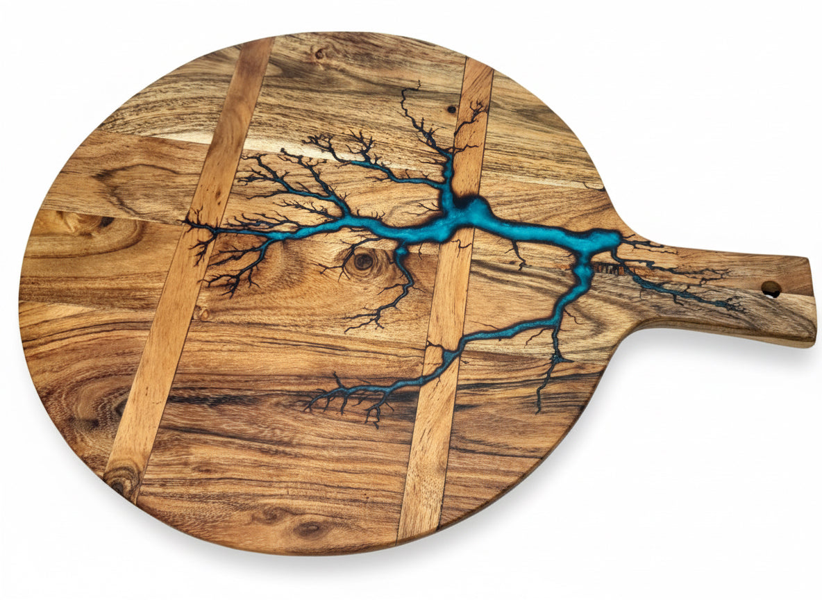 Sustainable timber resin cheese board with fractal art design Australia wide
