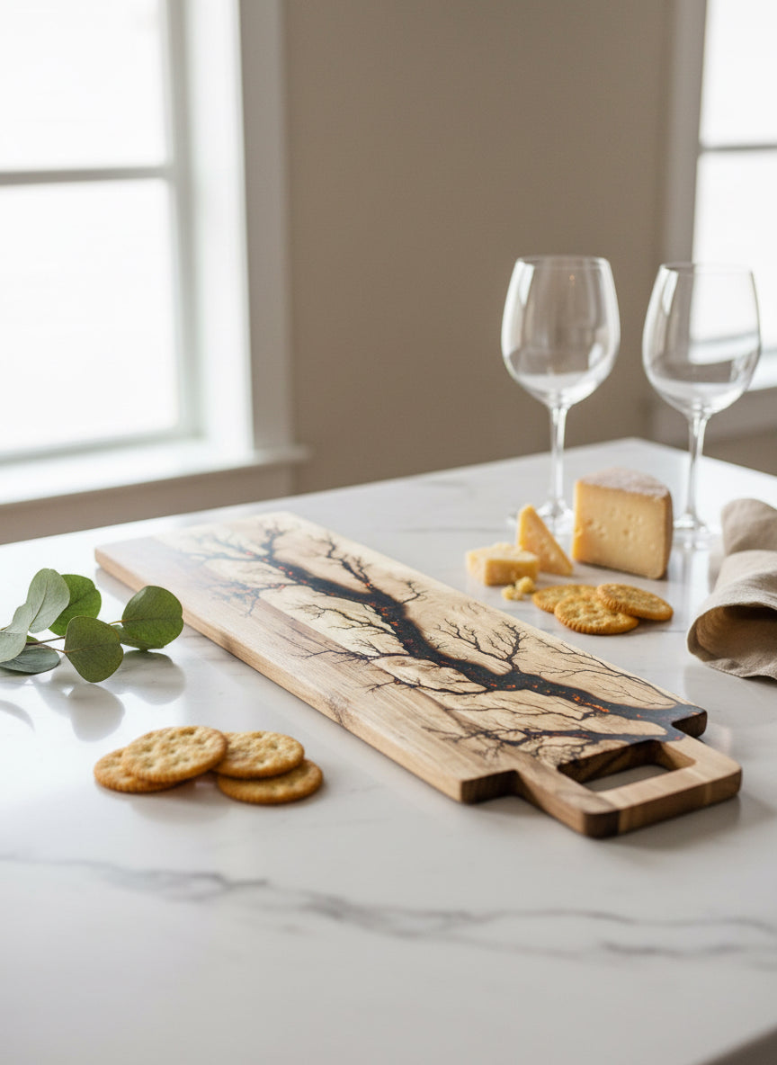 Resin serving platter holographic finish Australian made by Fractal Flow Designs ideal for cheese grazing and charcuterie presentation