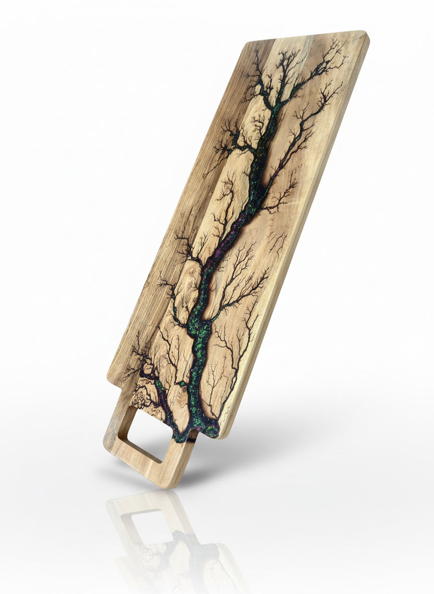 Front view holographic resin serving platter sustainable Australian timber resin art board Fractal Flow Designs East Gippsland