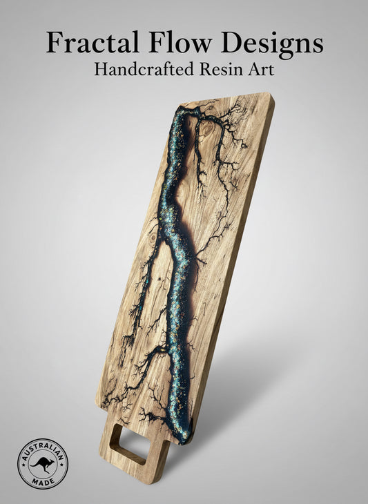 Luxury resin platter featuring fractal burning design handmade timber board by Fractal Flow Designs Resin Boards Australia