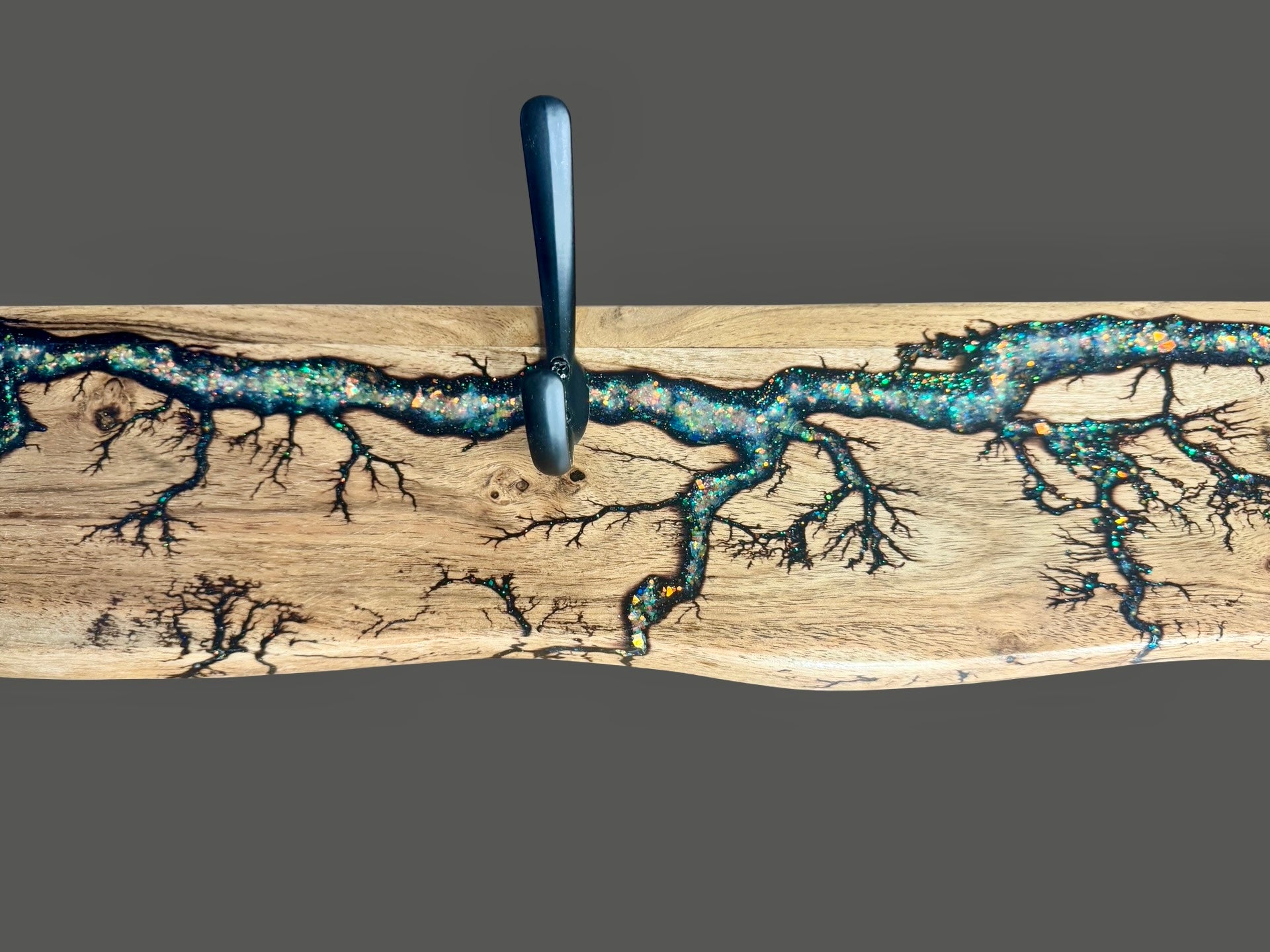 Modern resin art coat rack sustainable Australian timber handmade by Fractal Flow Designs Resin Boards Australia