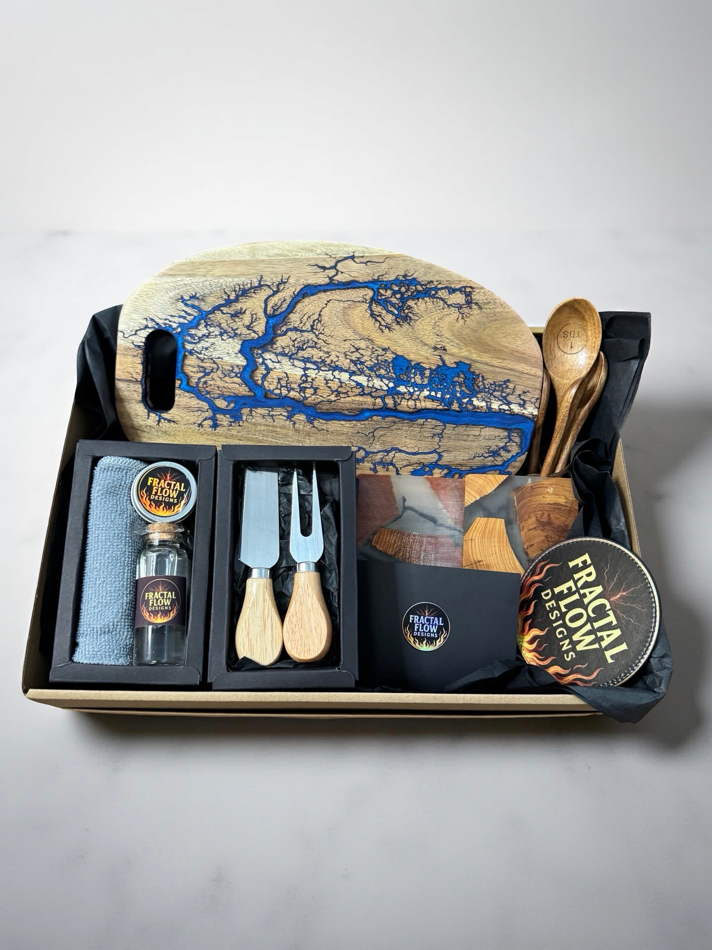 Gift box sapphire blue resin board Australia with care kit resin and cypress coasters fractal flow pen opener
